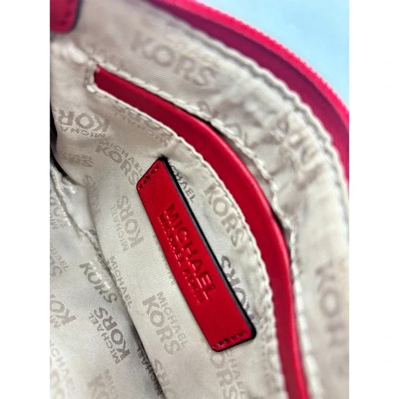 Michael Kors Jacquard Monagram Wristlet‎ Mini Bag Red Leather Signature Lining - Picture 12 of 16
